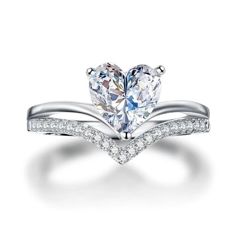 Silver Heart Zircon Wedding & Engagement Ring Set