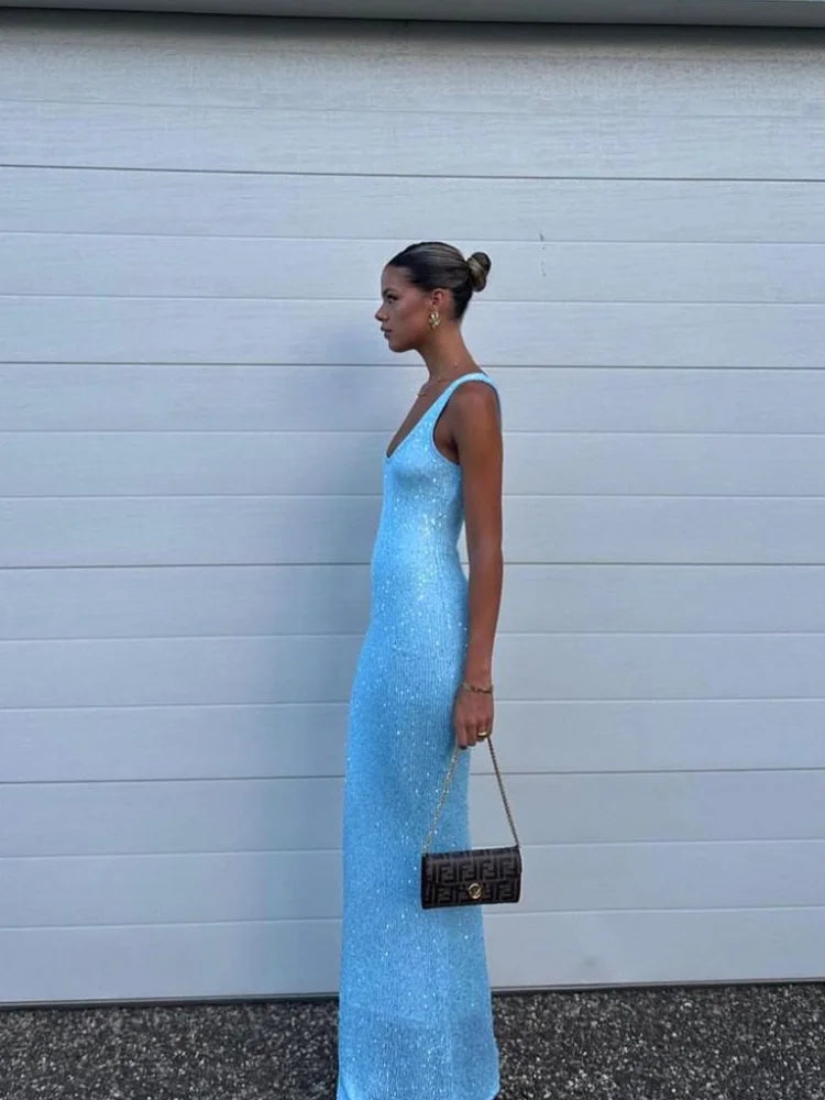 Sexy Blue Shiny Sequin Sling Dress