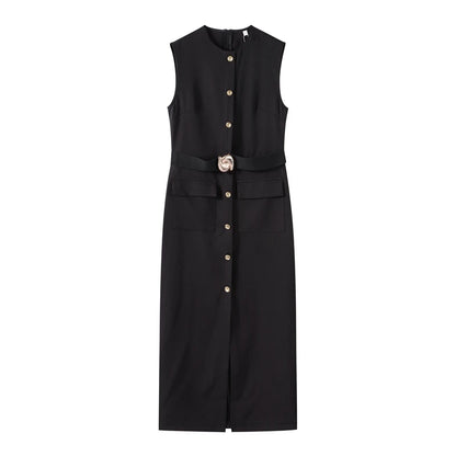 Black Elegant Sleeveless Dress with Belt – Front Split & Button Detailing