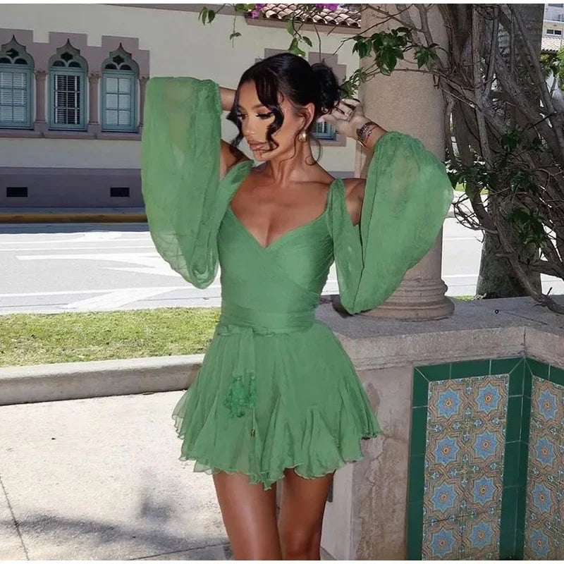 Elegant Green Ruffled Mini Dress