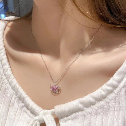 Pink Planet Heart Zircon Pendant Necklace