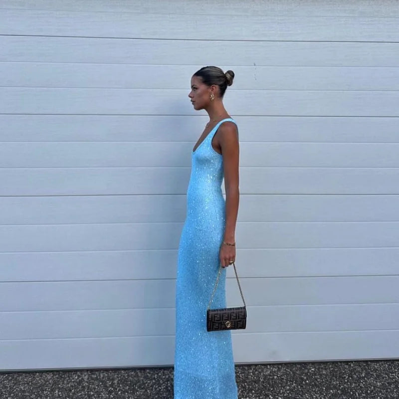 Sexy Blue Shiny Sequin Sling Dress