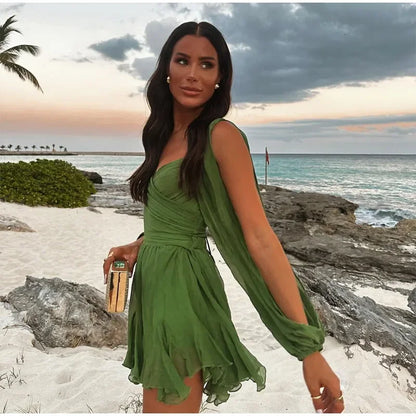 Elegant Green Ruffled Mini Dress