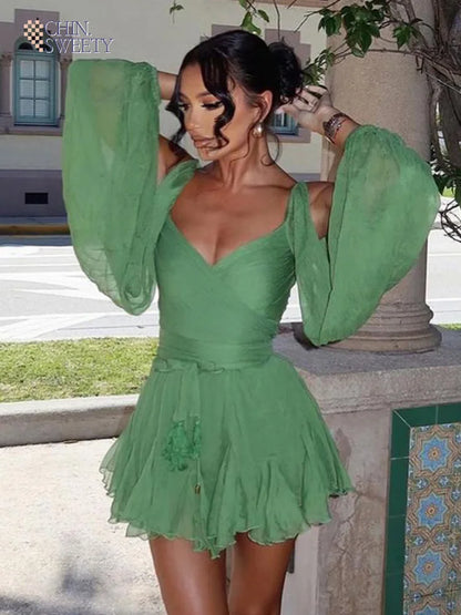 Elegant Green Ruffled Mini Dress