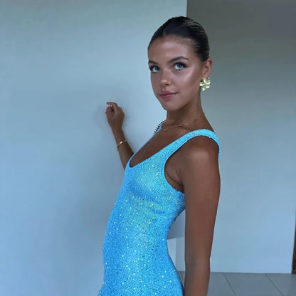 Sexy Blue Shiny Sequin Sling Dress