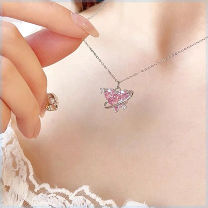 Pink Planet Heart Zircon Pendant Necklace