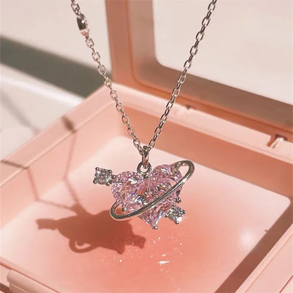 Pink Planet Heart Zircon Pendant Necklace