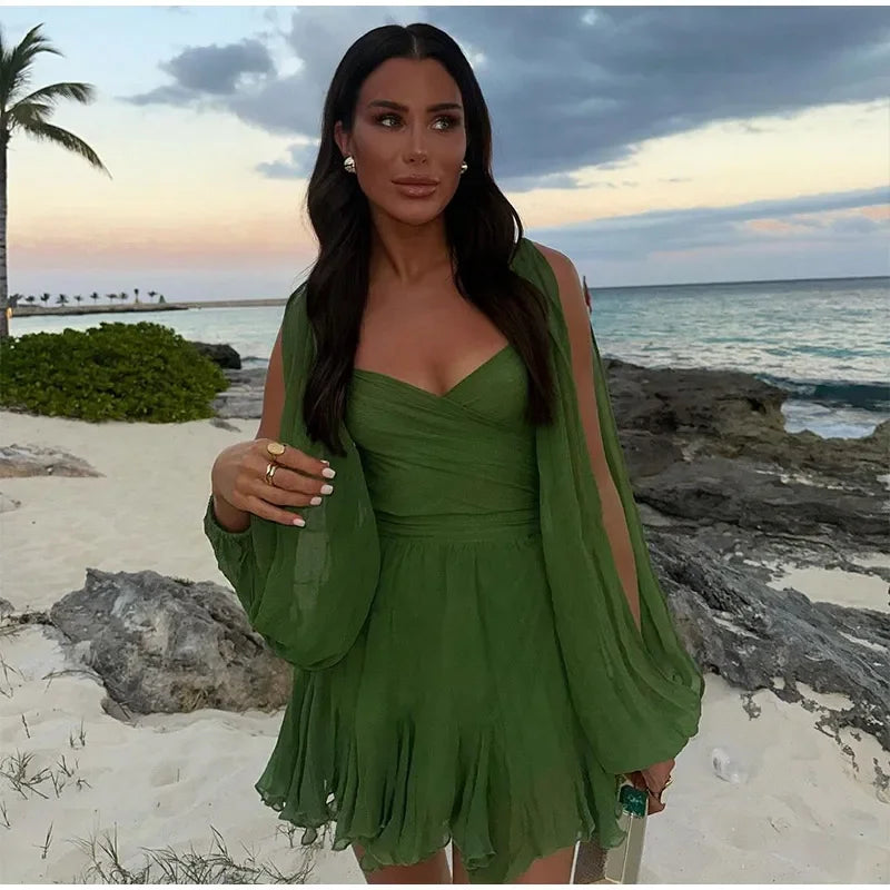 Elegant Green Ruffled Mini Dress